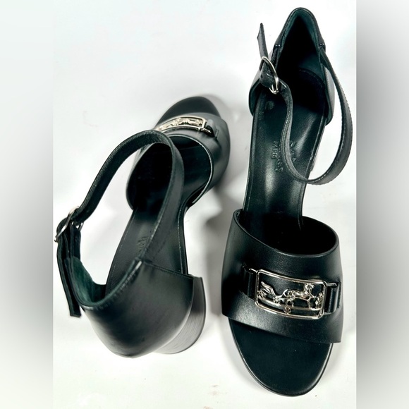 HERMES Viaggio 60 Calfskin Leather Ankle Strap Sandals 35 Black - Picture 8 of 15